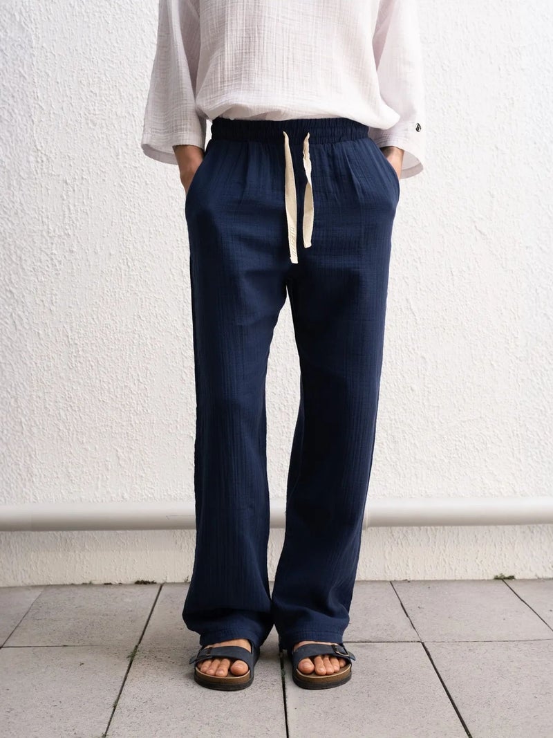 GIESTO Textured Cotton Relaxed Fit Drawstring Waist Pants - Image 1